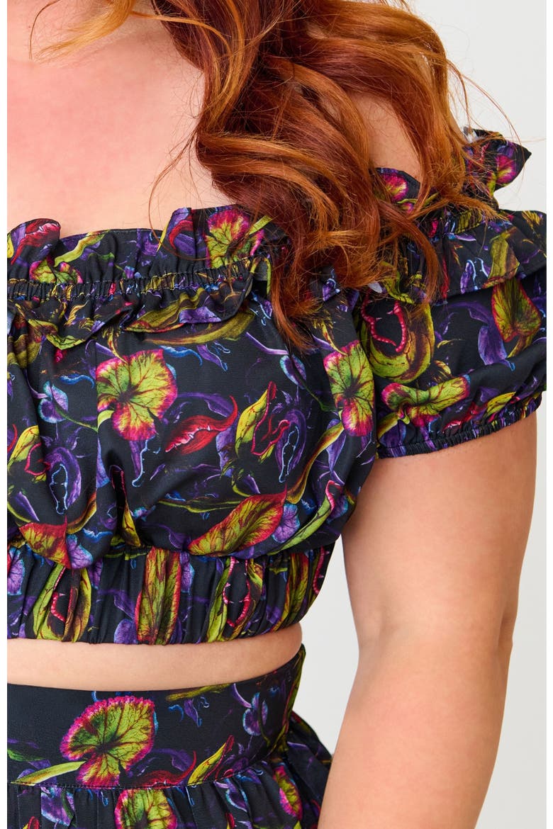 Plus Size 1970s Off Ruffle Up Crop Top, Alternate, color, Purple w/ Plants Print