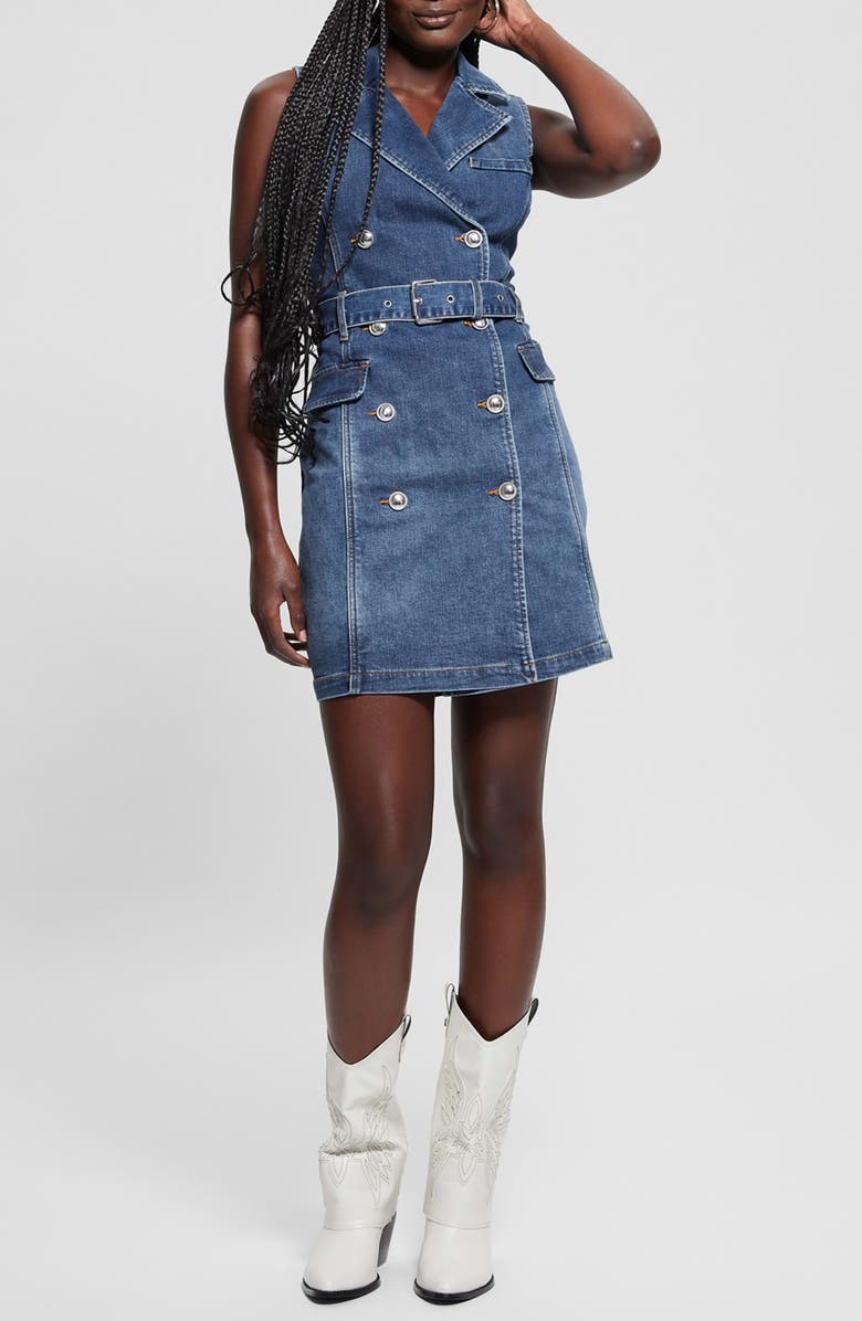 GUESS Anela Belted Denim Trench Minidress, Main, color, 