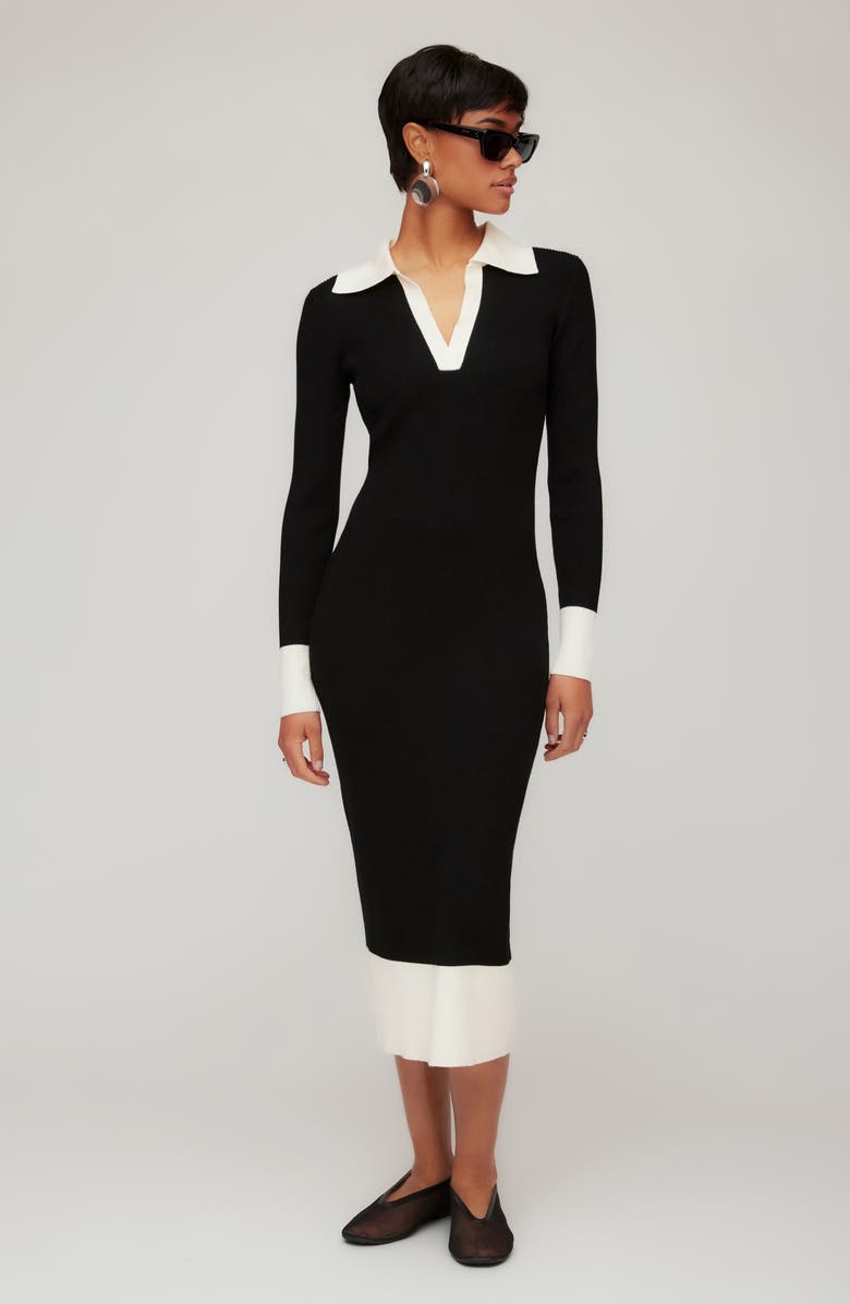 FIFTEEN TWENTY Belle Ribbed Polo Midi Dress, Alternate, color, Black/ Cream