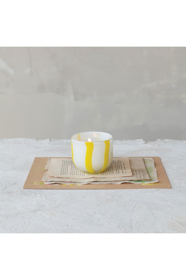 Round Soda Glass Tealight/Votive Holder with Stripes, White and Yellow, Alternate, color, White