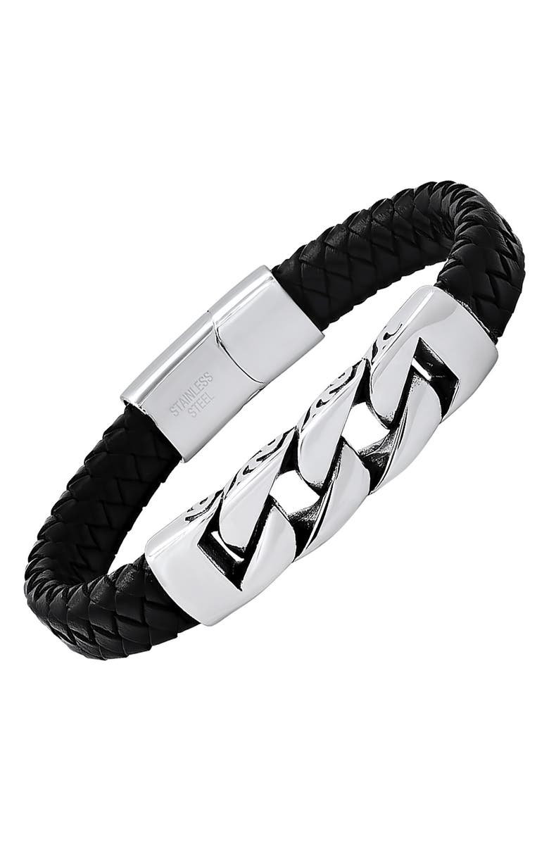 HMY JEWELRY Chunky Curb Link Braided Leather Bracelet, Alternate, color, Silver/ Black