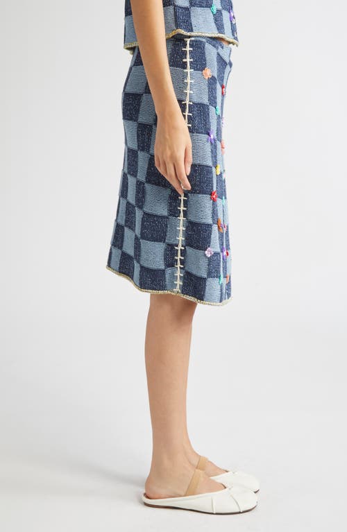 Yanyan Floral Ribbon Checkerboard Knit Wrap Skirt In Blue