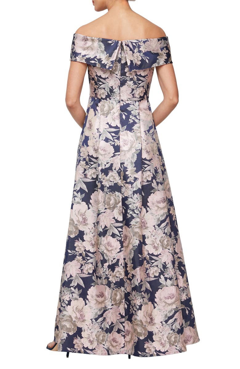 Alex Evenings Floral Off the Shoulder Gown, Alternate, color, Navy/ Pink