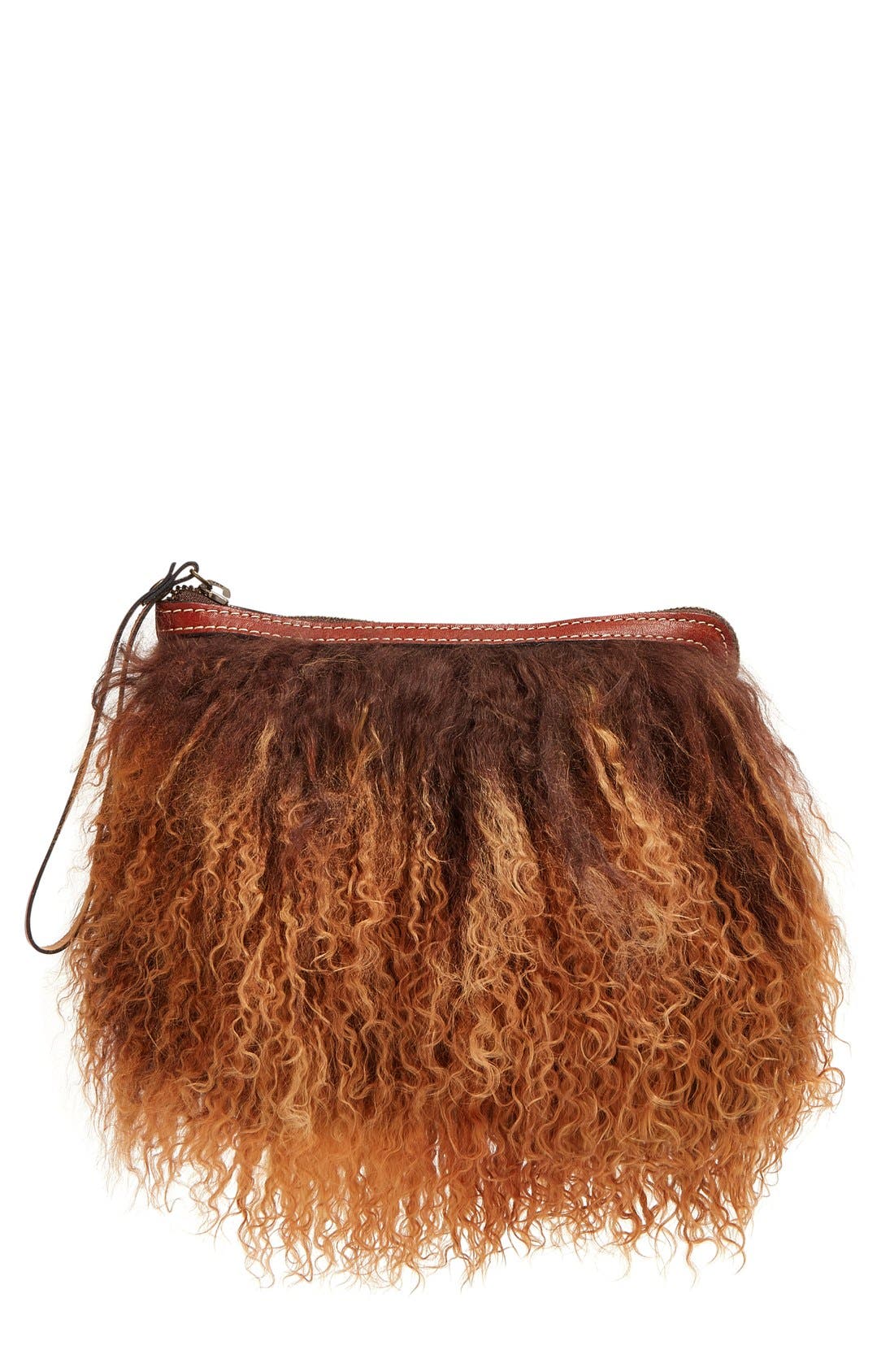 'Cassini' Genuine Shearling & Leather Wristlet, Main, color, BROWN