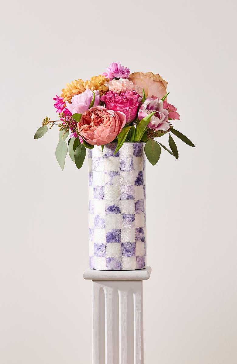MACKENZIE CHILDS Violet Check Small Capiz Vase, Alternate, color, Violet