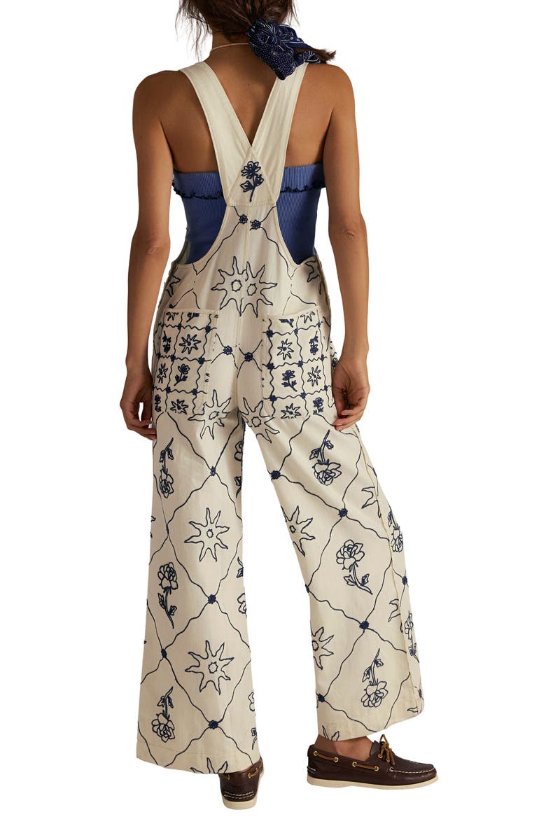 Rising Sun Embroidered Wide Leg Overalls, Alternate, color, SOLAR ECRU