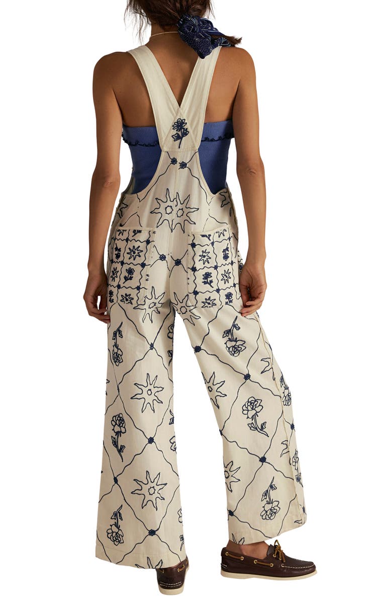 Free People Rising Sun Embroidered Wide Leg Overalls, Alternate, color, Solar Ecru