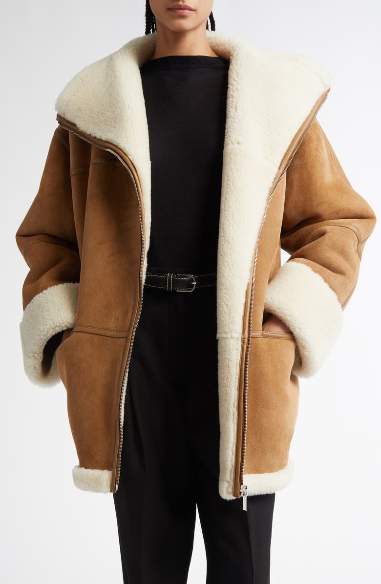 TOTEME Signature Genuine Shearling Jacket, Main, color, Biscuit