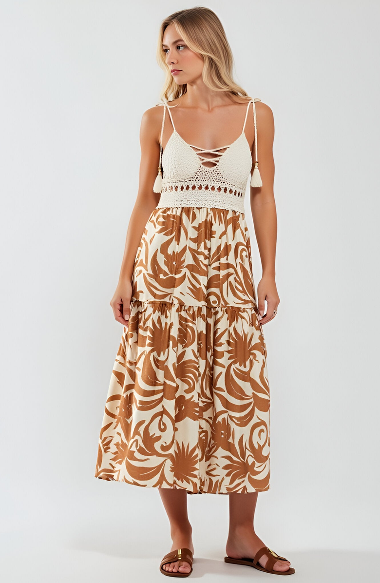 Modenaire Tropical Print Midi Dress with Crochet Bodice and Tie Shoulder Straps, Alternate, color, 