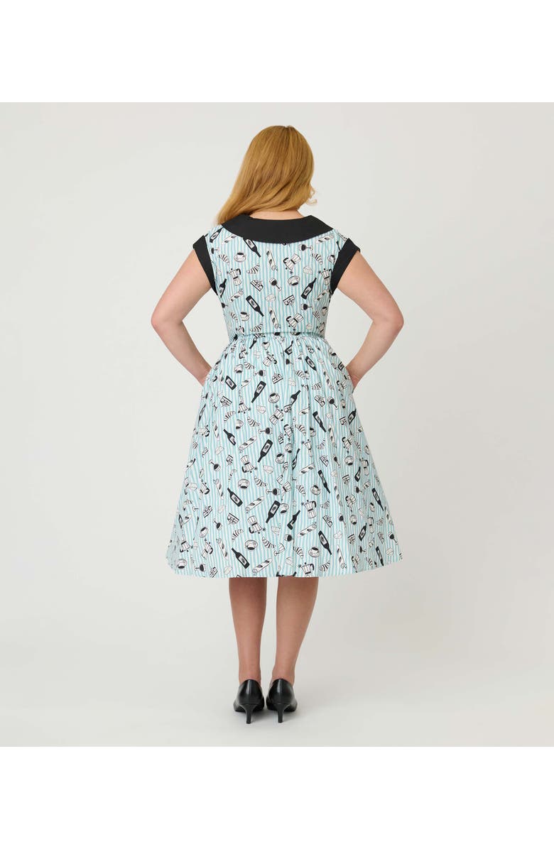Unique Vintage Cafe Swing Dress, Alternate, color, Blue Striped Café Print