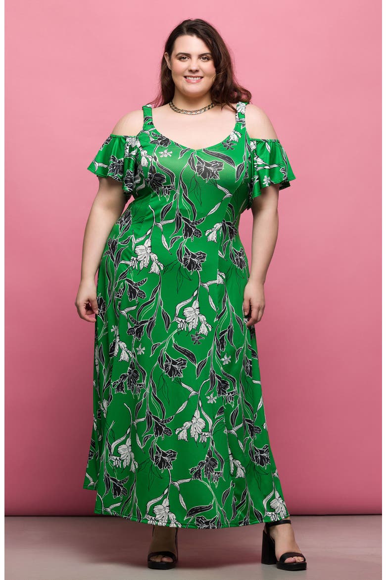 Printed Cold Shoulder Jersey Maxi Dress, Alternate, color, GREEN MULTI