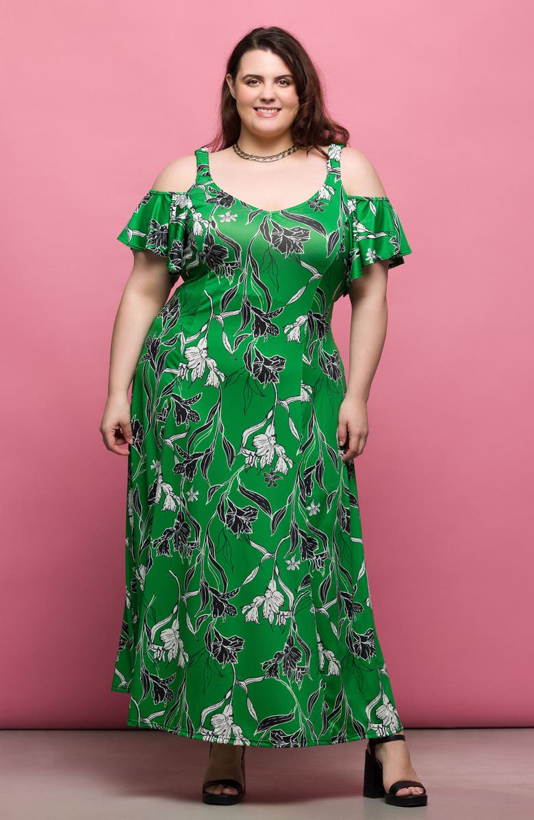 24seven Comfort Apparel Printed Cold Shoulder Jersey Maxi Dress, Alternate, color, Green Multi