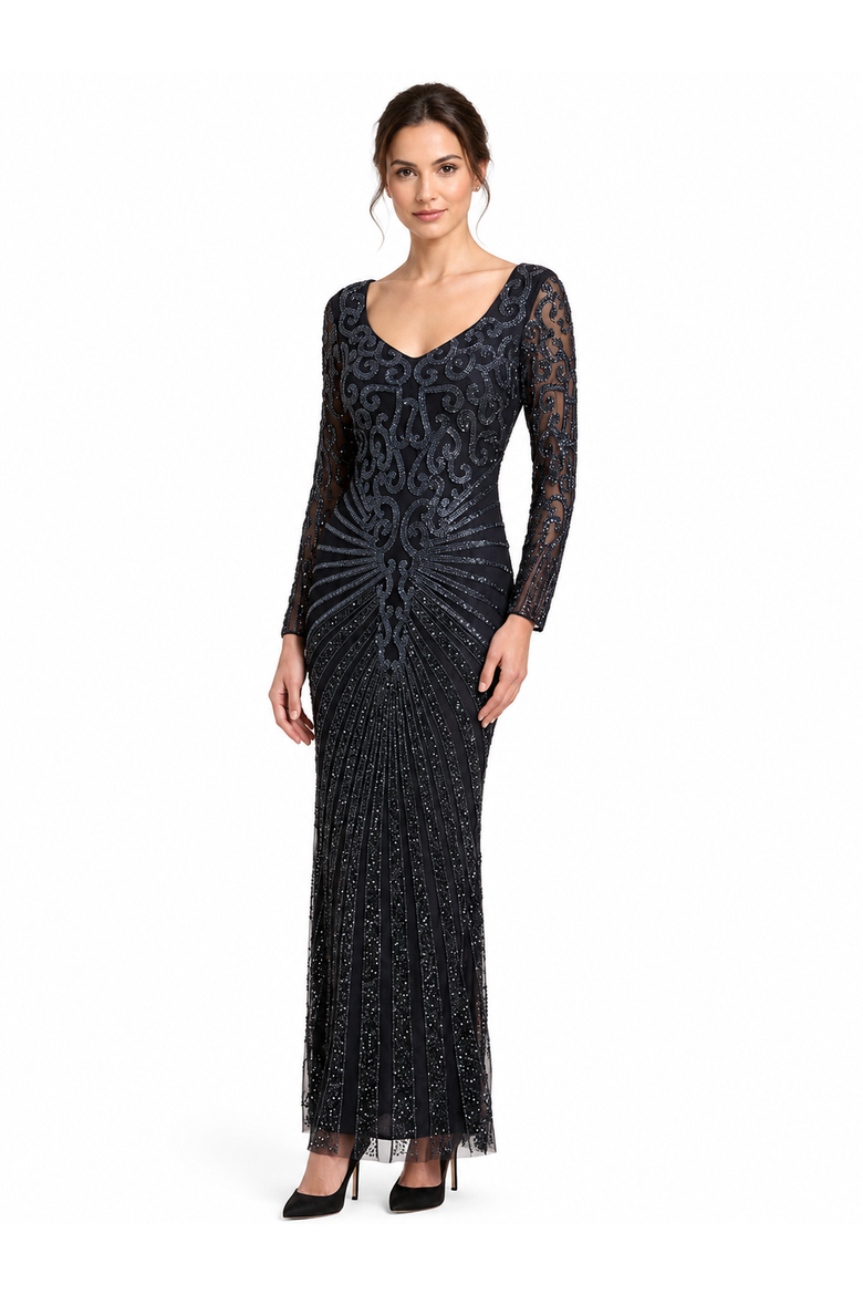 V-Neck Beaded Long Sleeve Dress, Main, color, Black