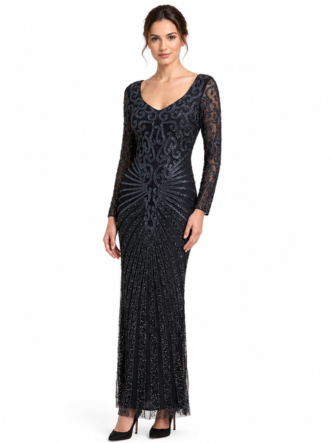 V Neck Beaded Long Sleeve Dress