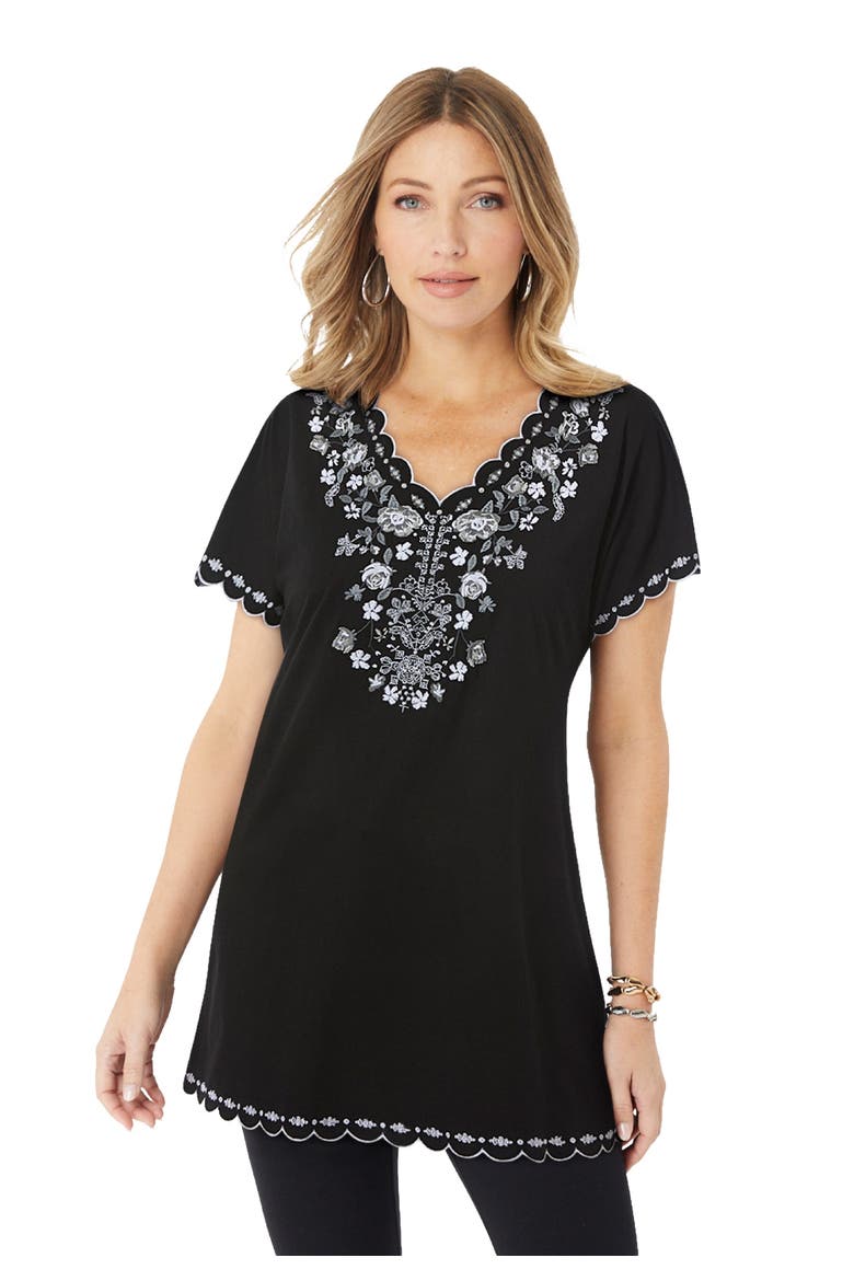Floral Embroidered Tee, Main, color, BLACK WHITE EMBROIDERY