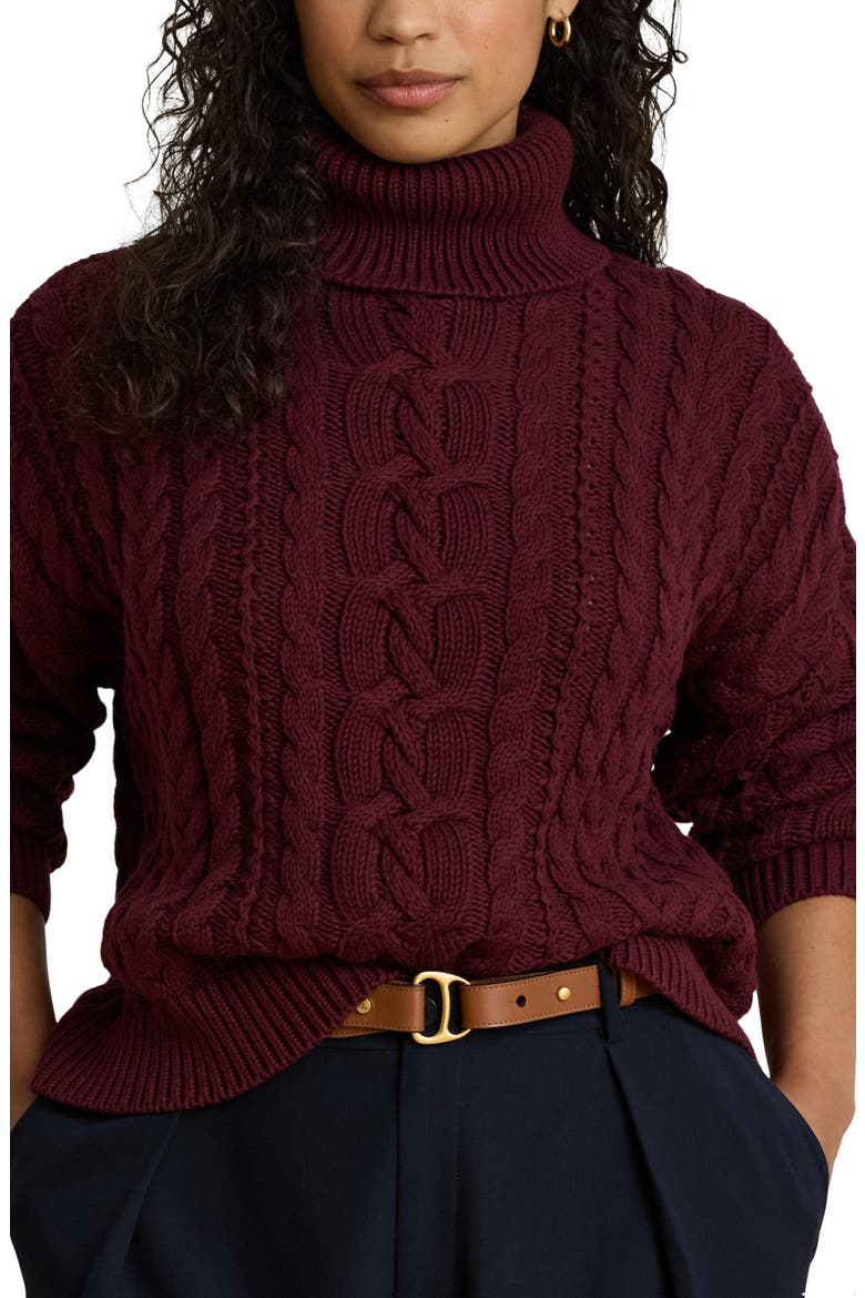 Combed Cable Knit Long Sleeve Turtleneck Sweater, Alternate, color, RED