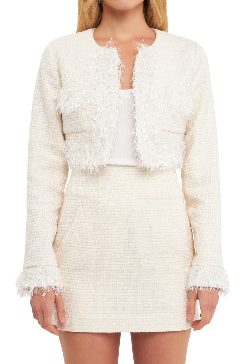 Feather Trim Tweed Crop Blazer, Main, color, IVORY