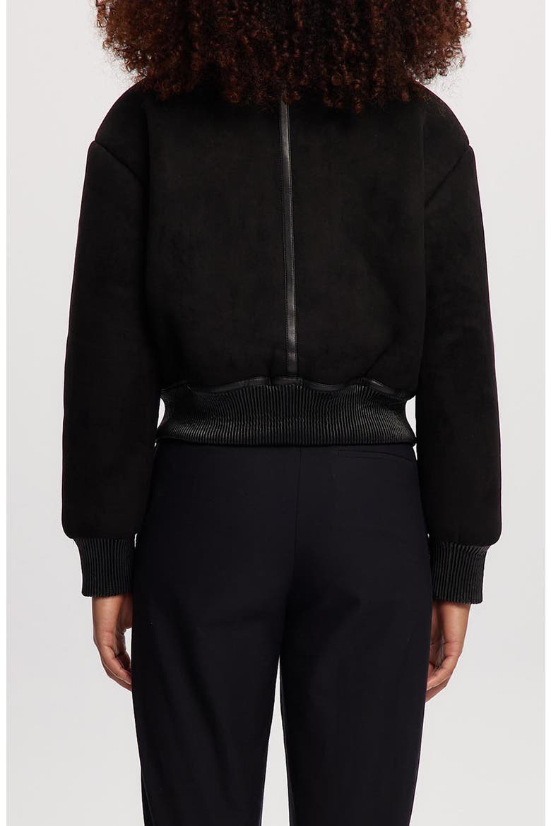 Fannie Faux Fur Collar Faux Suede & Faux Leather Crop Bomber Jacket, Alternate, color, BLACK