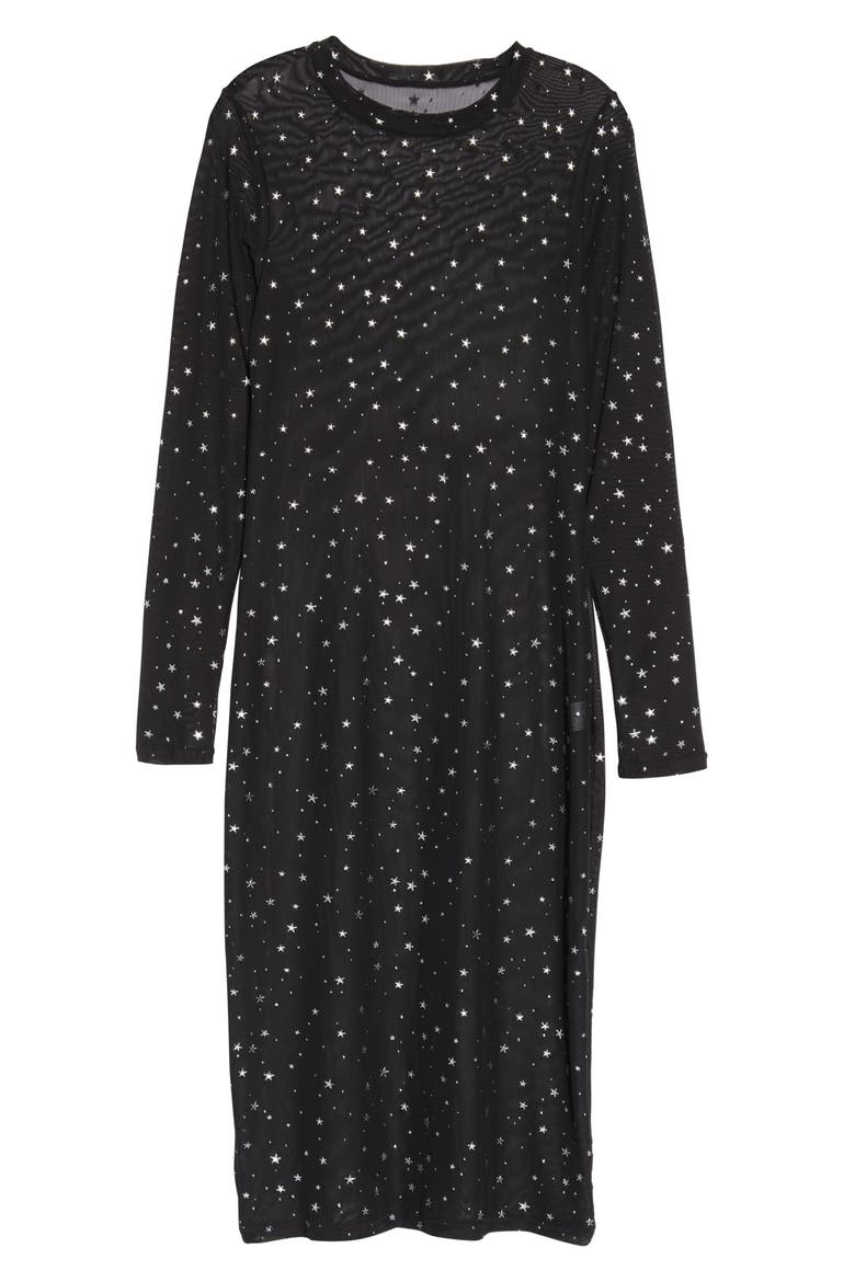 Embroidered Mesh Long Sleeve Midi Dress, Alternate, color, BLACK/ FOIL STARS