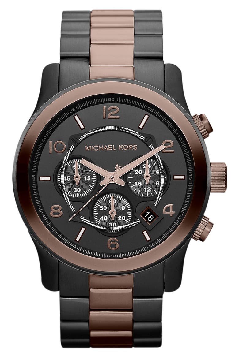 Michael Kors 'Large Runway' Two Tone Chronograph Watch, 45mm, Main, color, GUNMETAL/ ESPRESSO