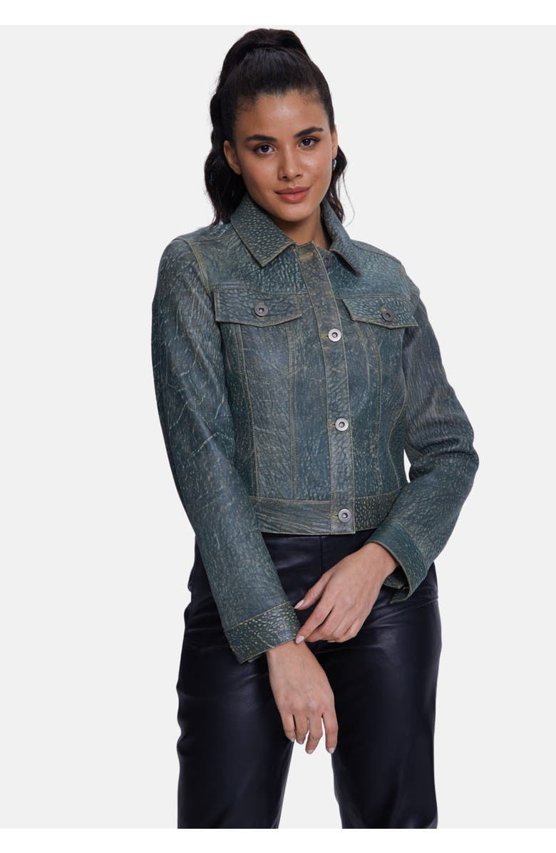 Furniq UK Arabella Patterned Leather Jacket, Alternate, color, Dark Green Mix