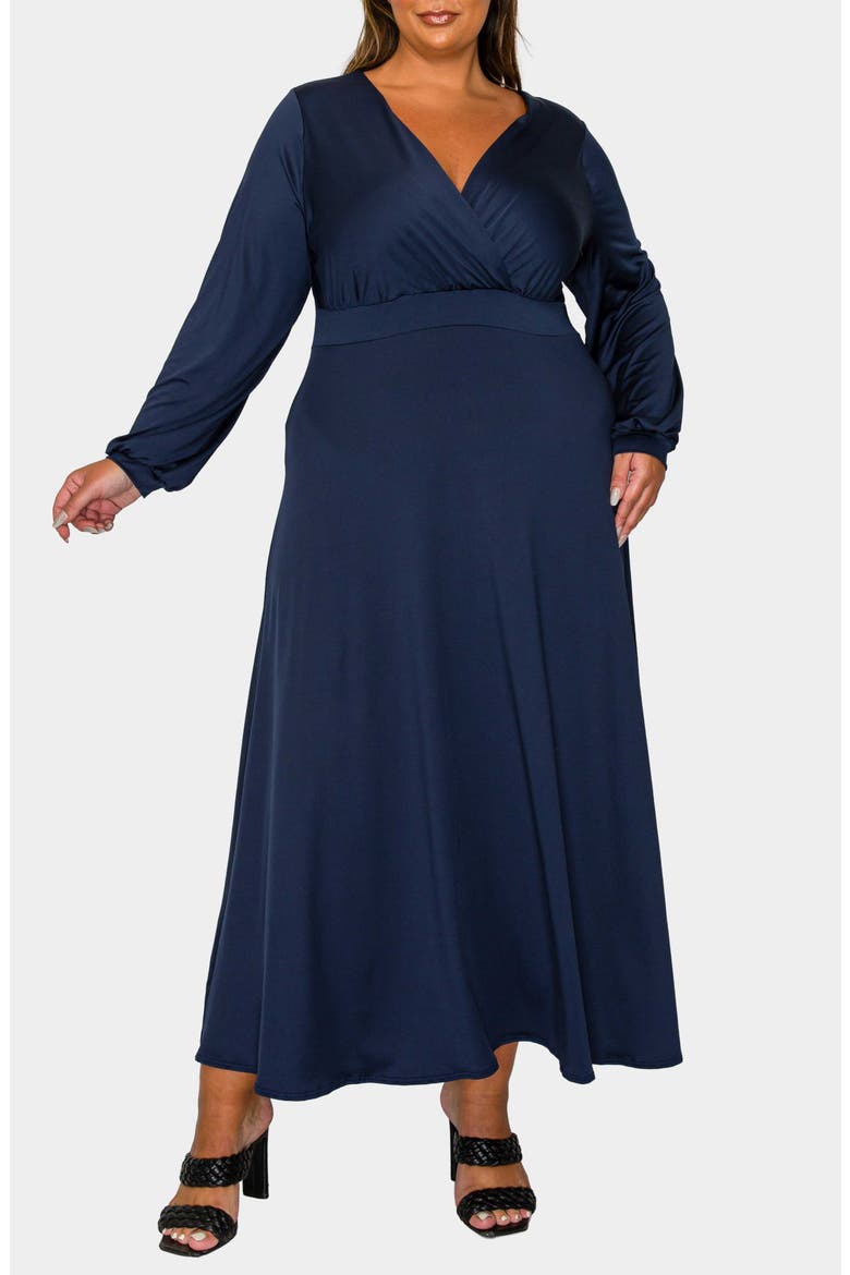 Sophia Surplice Neck Long Sleeve Satin Maxi Dress, Main, color, NAVY