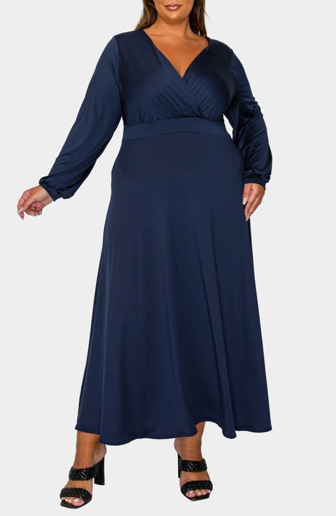 Sophia Surplice Neck Long Sleeve Satin Maxi Dress (Plus)