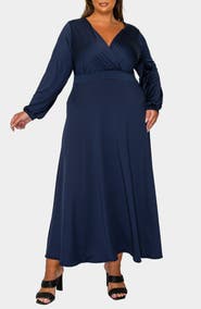 L I V D Sophia Surplice Neck Long Sleeve Satin Maxi Dress