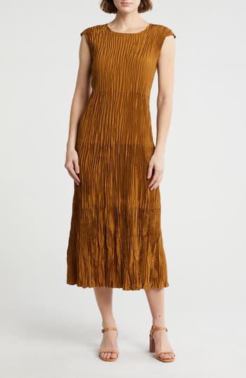 Eileen Fisher Pleated Tiered Silk Midi Dress In Bronze