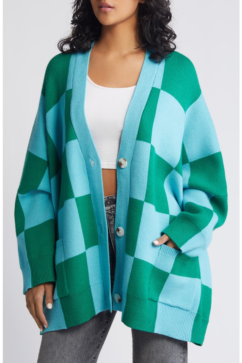 Love You Oversize Checkerboard Cardigan, Main, color, EMERALD/ SKY