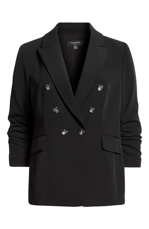 Ruched Sleeve Double Breasted Blazer (Plus)