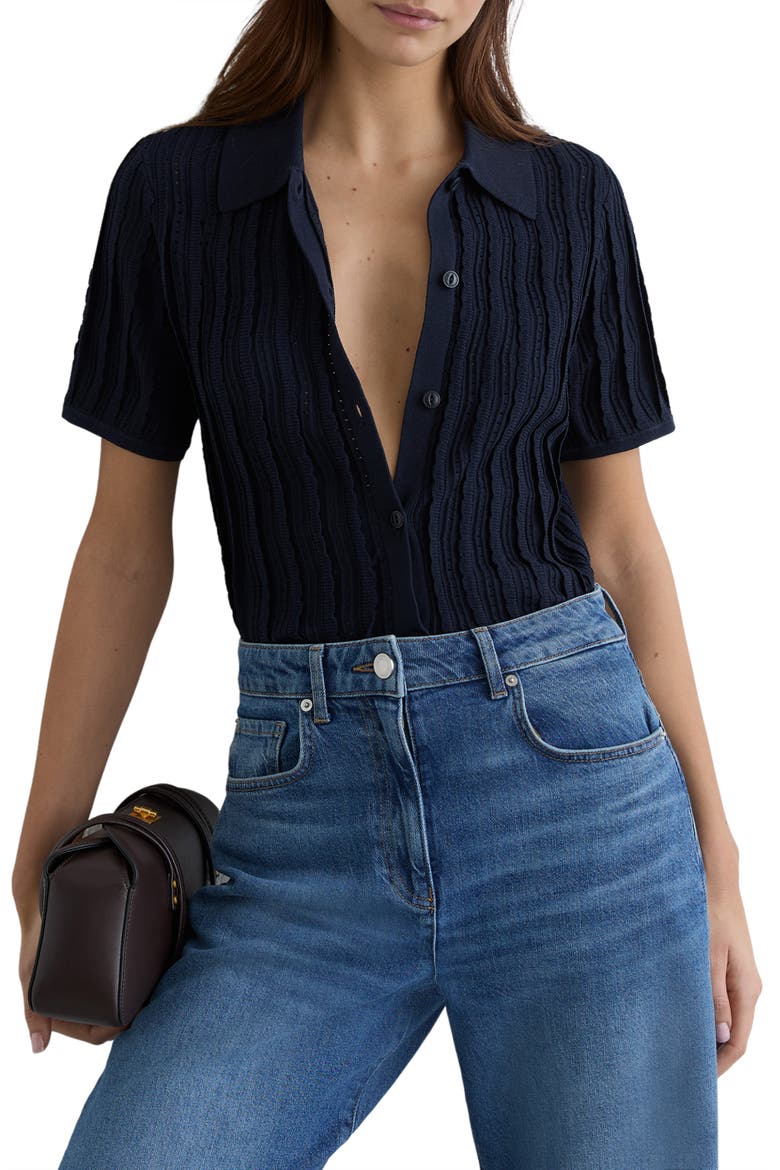 Audrey Texture Knit Button-Up Shirt, Alternate, color, NAVY