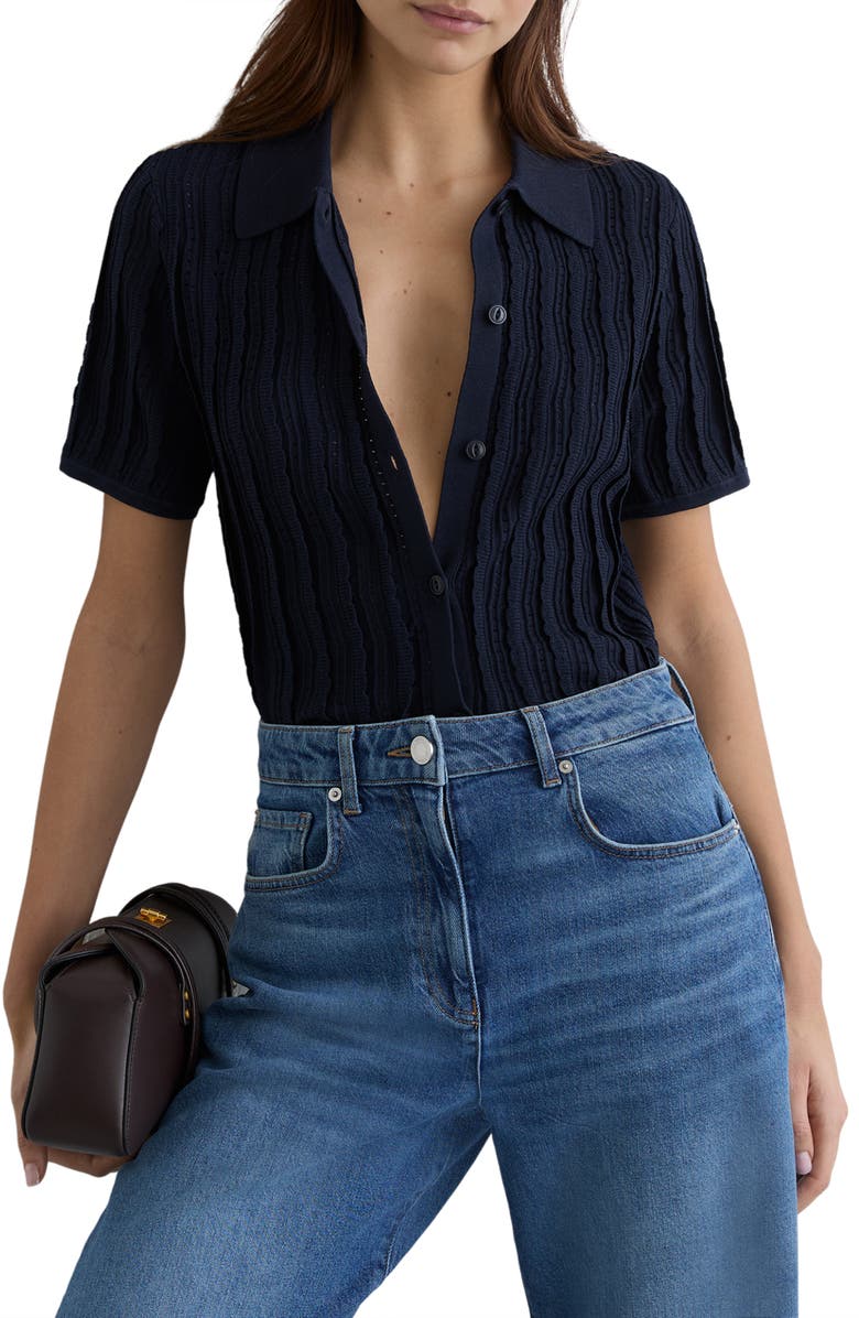 Reiss Audrey Texture Knit Button-Up Shirt, Alternate, color, Navy