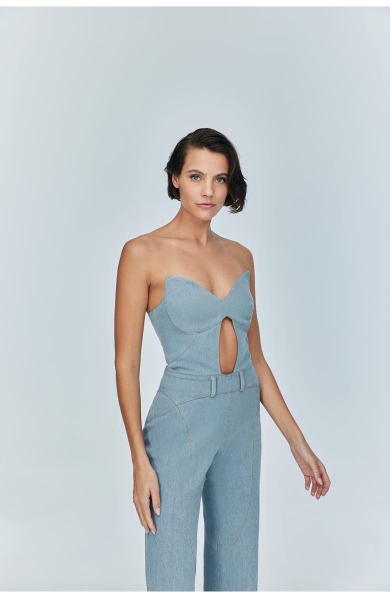 Jendue Women's Marvel Maxi Denim Jumpsuit - Strapless, Cut-Out, Alternate, color, Vista Blue