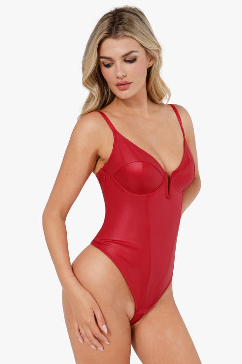 Popilush Shapewear Faux Leather Plunging V Sculpting Corset Bodysuit In Brick
