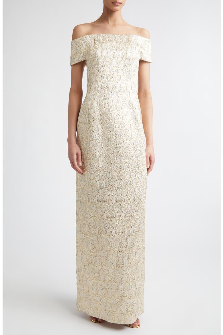 Antep Metallic Jacquard Off the Shoulder Gown, Main, color, GOLD