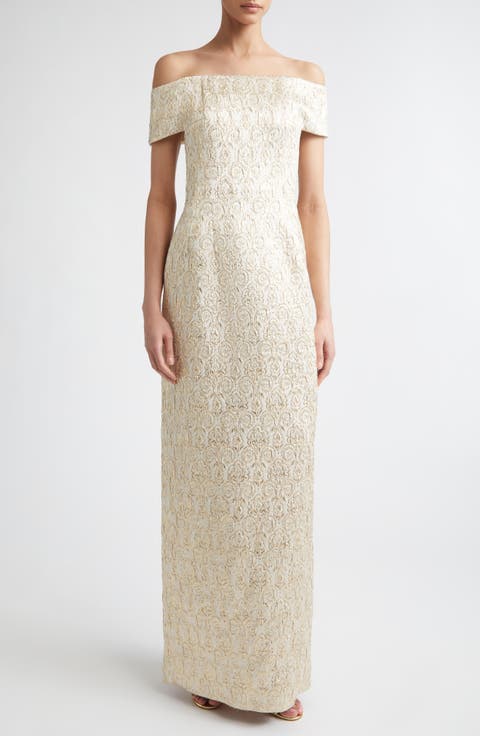 Antep Metallic Jacquard Off the Shoulder Gown