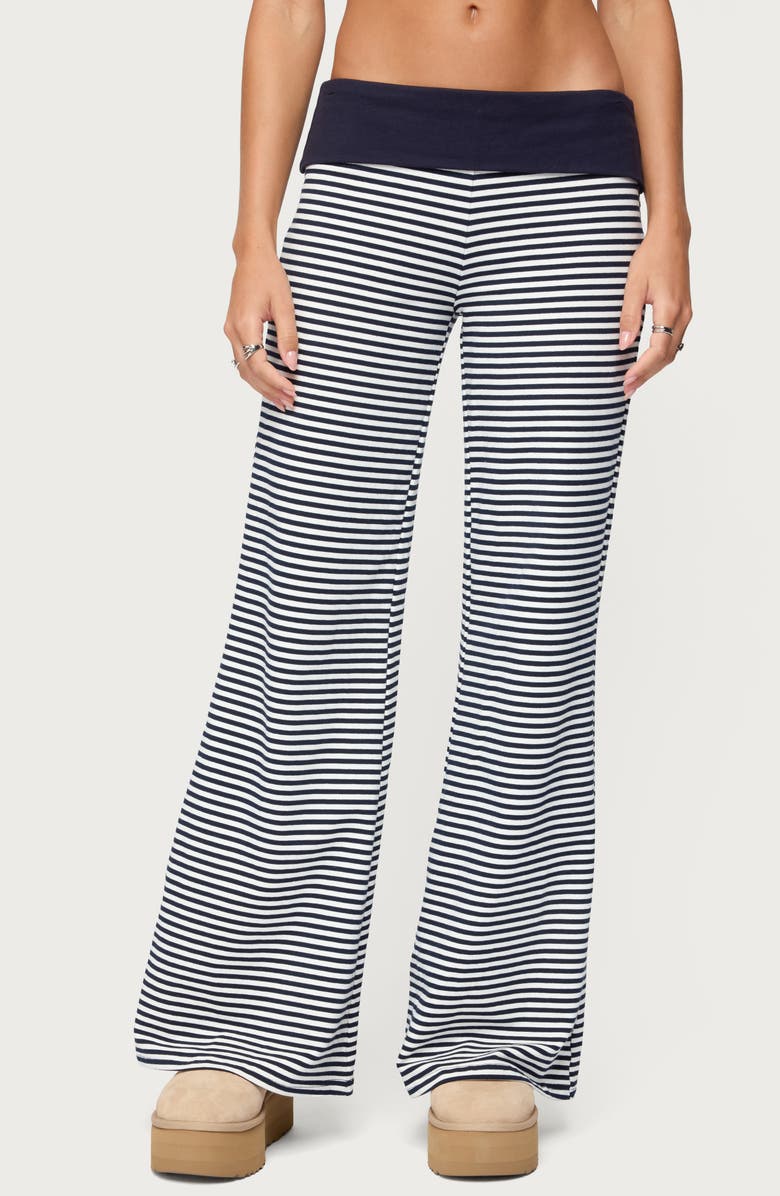 EDIKTED Meggy Colorblock Stripe Foldover Pants, Main, color, Navy-And-White