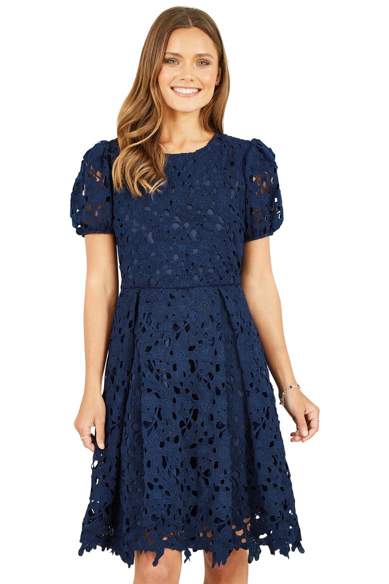 Lace Puff Sleeve Skater Dress, Alternate, color, Navy