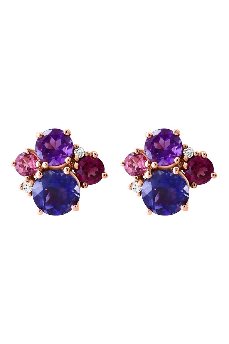 14K Rose Gold Semiprecious Stone & Diamond Cluster Stud Earrings - 0.01ct., Alternate, color, MULTI