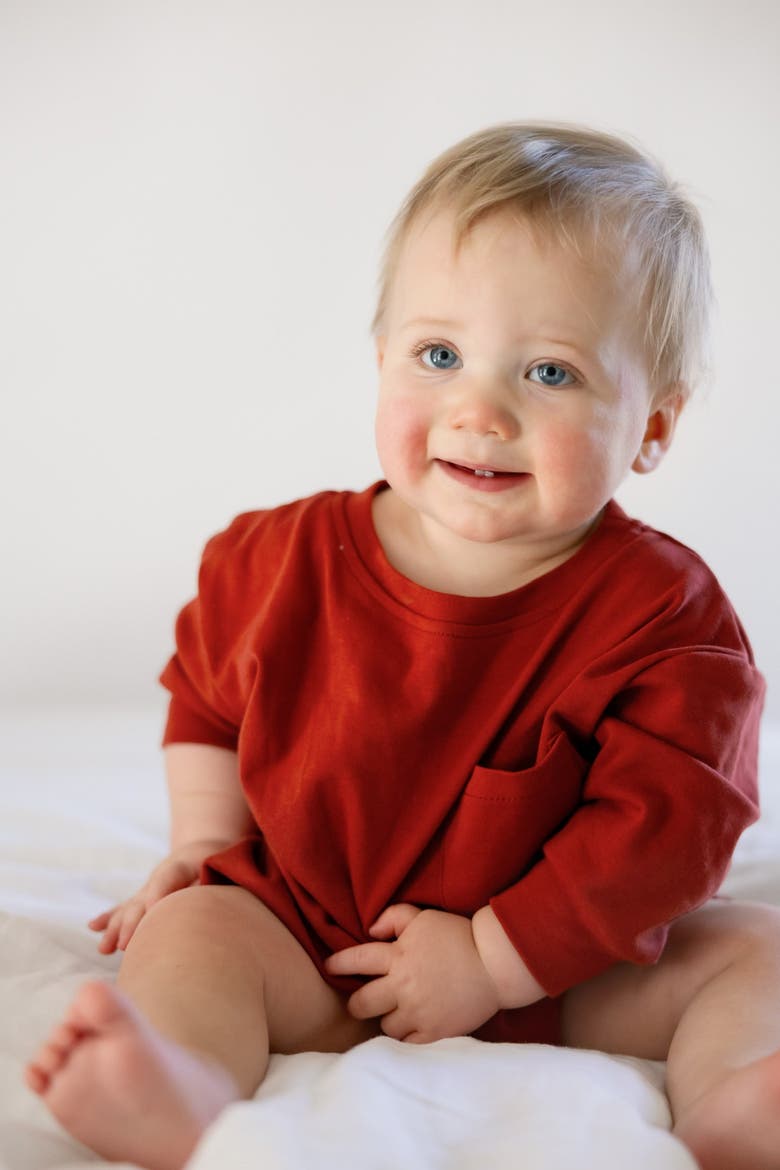 Harley Pocket Romper, Alternate, color, Brick