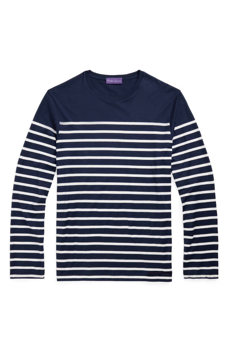 Ralph Lauren Purple Label Luxury Lisle Stripe Long Sleeve T-Shirt, Alternate, color, Classic Chairman Navy