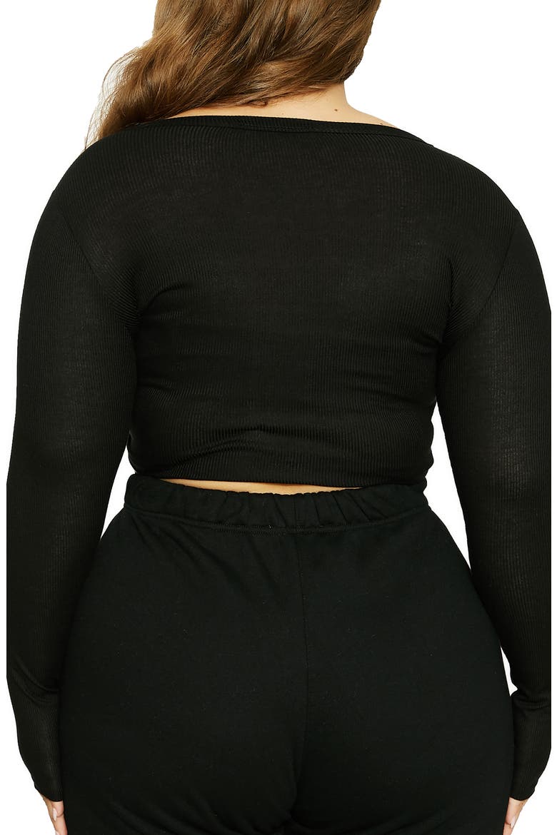 x Lori Harvey Crewneck Long Sleeve Rib Crop Top, Alternate, color, BLACK