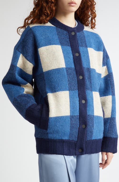 Stine Goya Gingham Check Knit Bomber Jacket In Blue Gingham Check