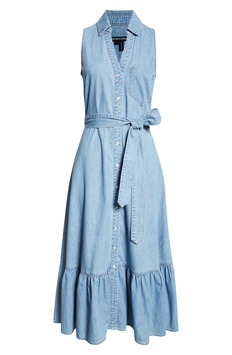 Veronica Beard Edwina Sleeveless Cotton Denim Midi Shirtdress, Alternate, color, Iceberg