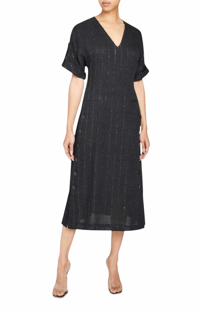 Santorelli SERAFINA Short Sleeve Midi Shift Dress with Side Skirt Buttons in Metallic Striped Linen, Main, color, Black
