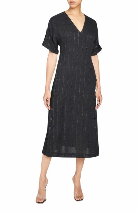 SERAFINA Short Sleeve Midi Shift Dress with Side Skirt Buttons in Metallic Striped Linen