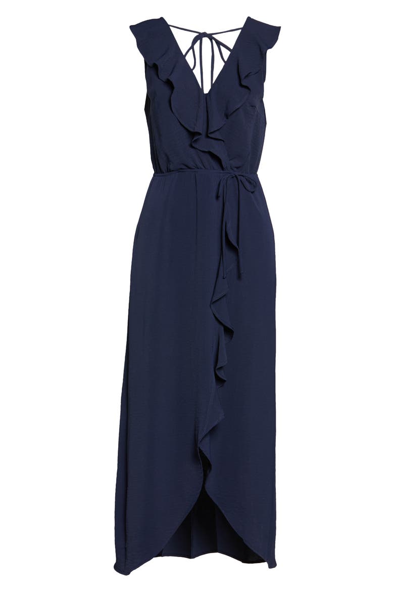 Ruffle Faux Wrap Maxi Dress, Alternate, color, NAVY