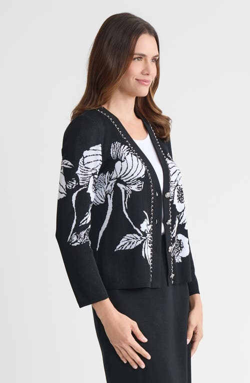 Ming Wang Heritage Chain Trim Floral Jacquard Knit Cardigan In Multi