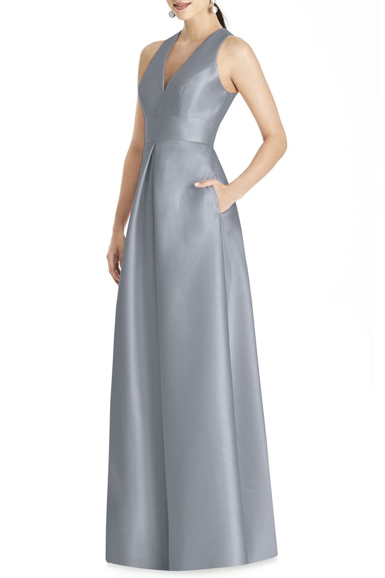 Cutout Back Satin A-Line Gown, Main, color, PLATINUM